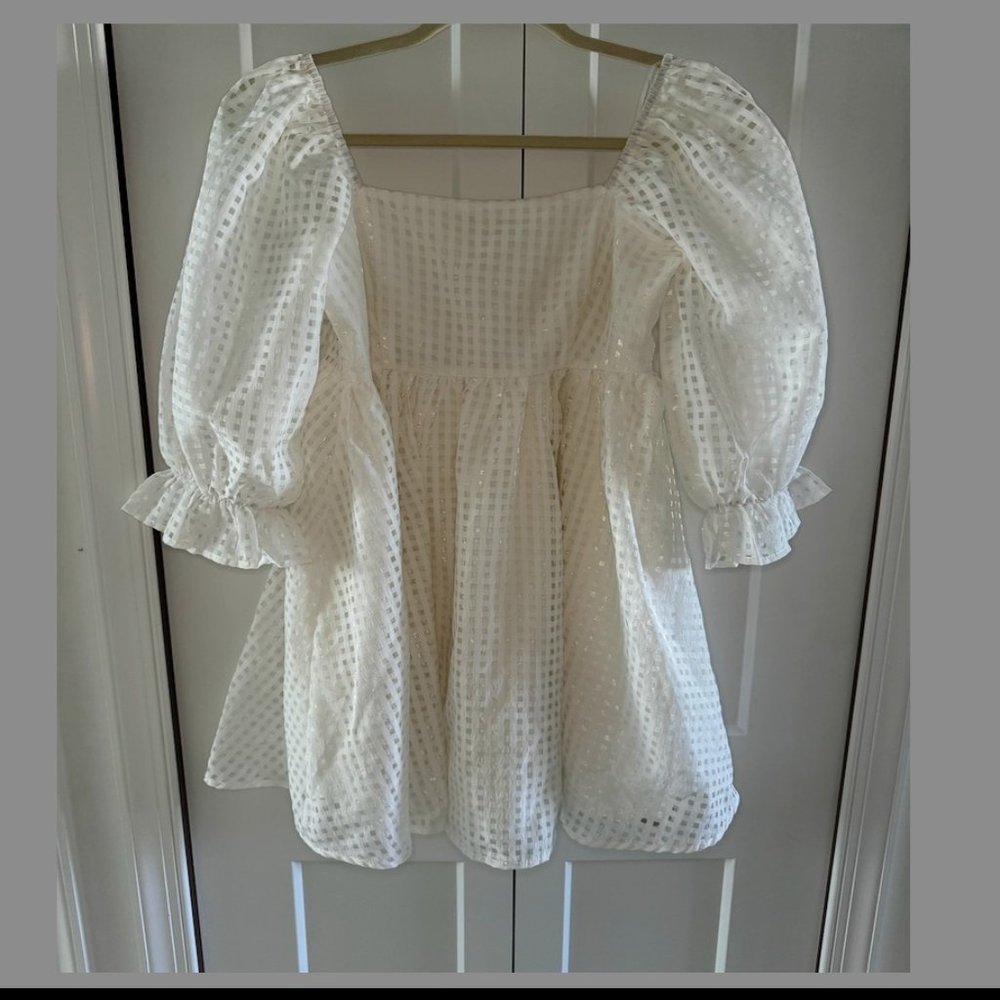 Entro Puff Sleeve Babydoll Mini Dress White Plaid
